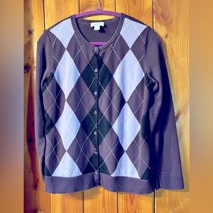 Ann Taylor Loft Size L Purple, Lavender & Black Argyle Print Cardigan Sweater